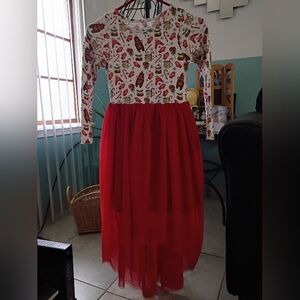 Red and White Long Sleeve Dress with Bear Print Size 9